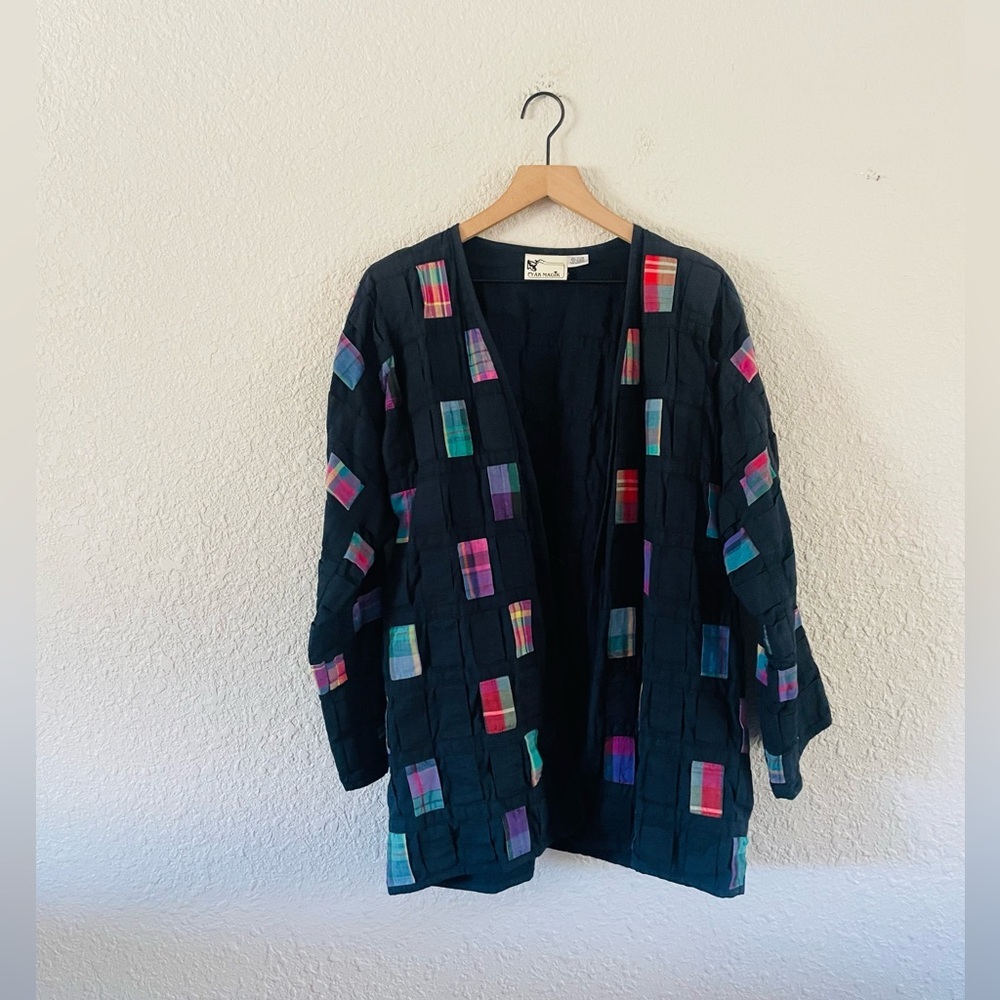 Vintage 90s Yak Magik Cotton Navy & Plaid Rainbow Woven Jacket